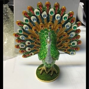 NIB enameled peacock box rhinestones 4” x 4”